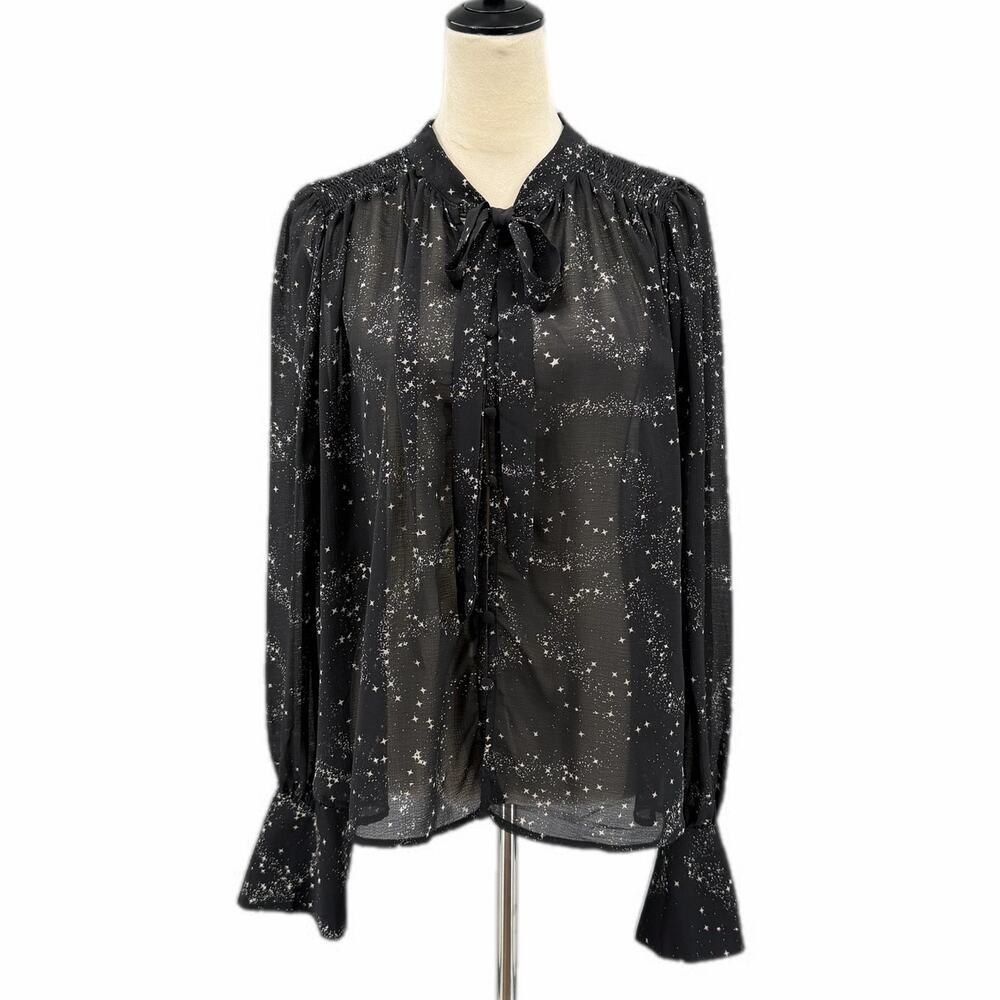 Free People Stars Align Black & White Sheer Button Up Long Sleeve Blouse Top - Picture 3 of 15